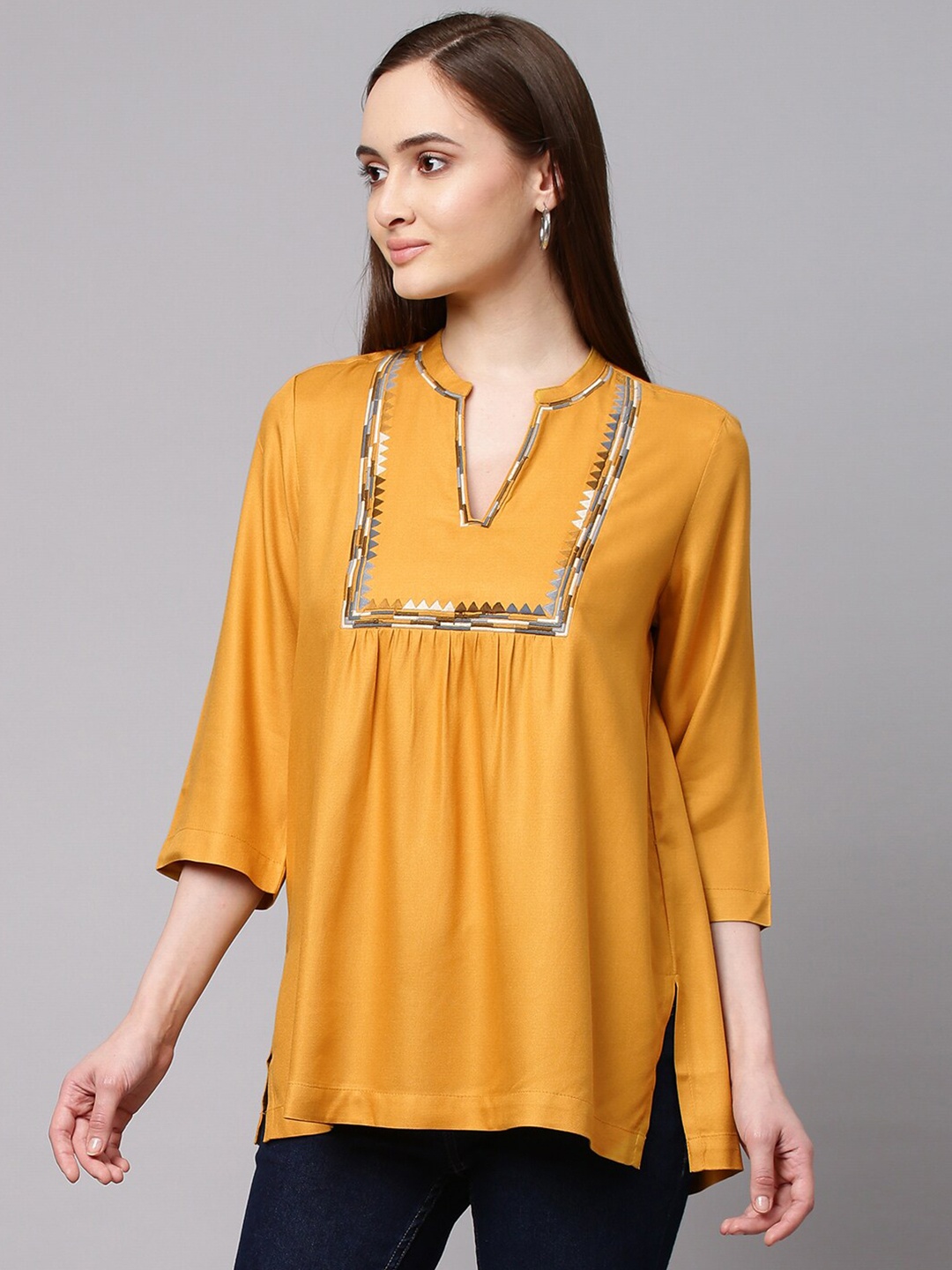 

Chemistry Mustard Yellow Embroidered Top