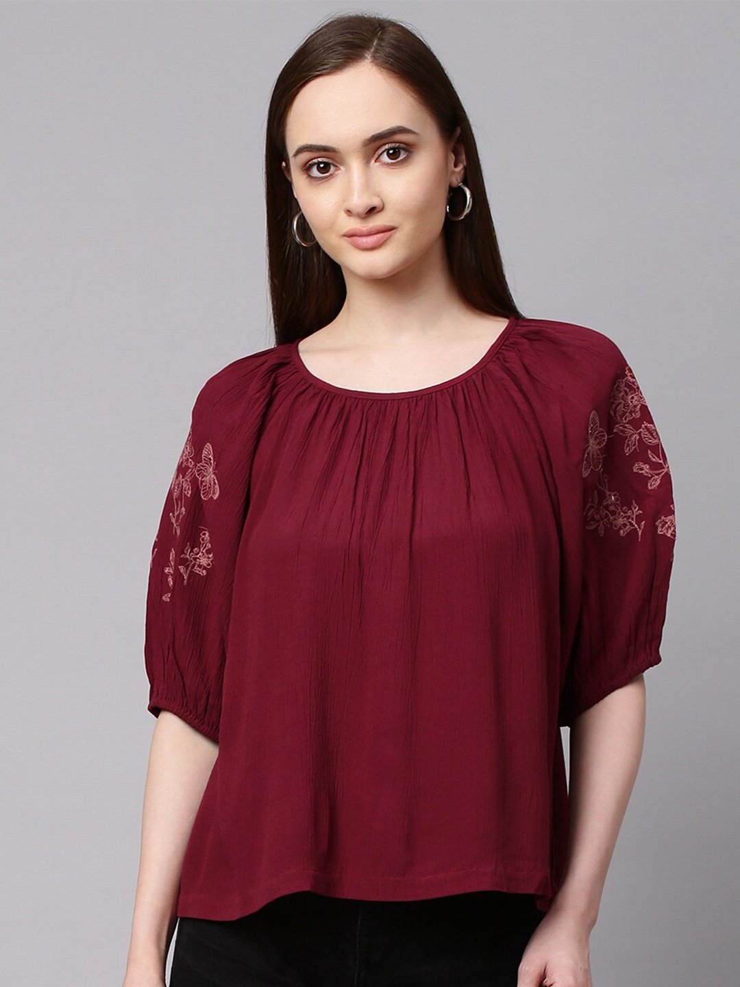 

Chemistry Burgundy Crepe Styled Back Top