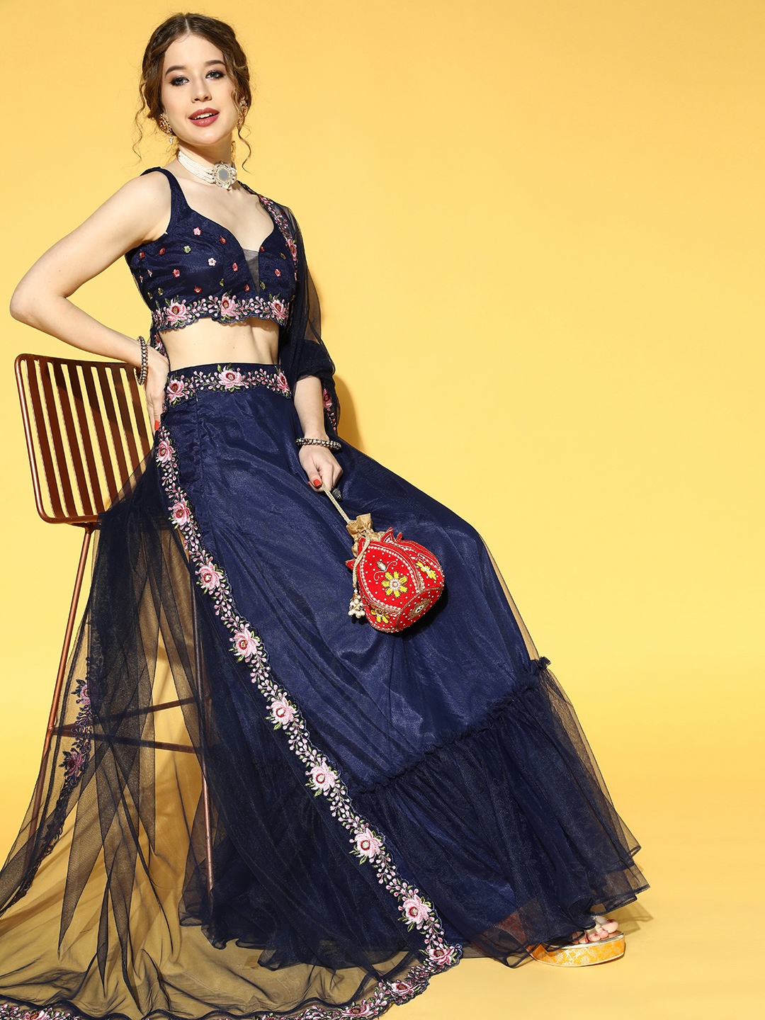

Inddus Navy Blue Embroidered Semi-Stitched Net Lehenga & Unstitched Choli With Dupatta