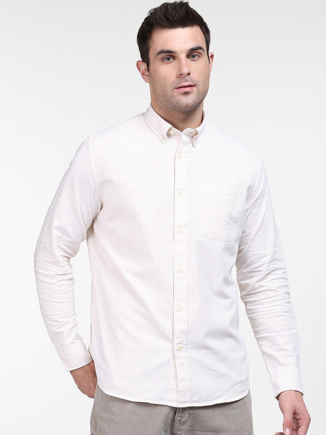 

SELECTED Men Beige Striped Organic Cotton Casual Shirt