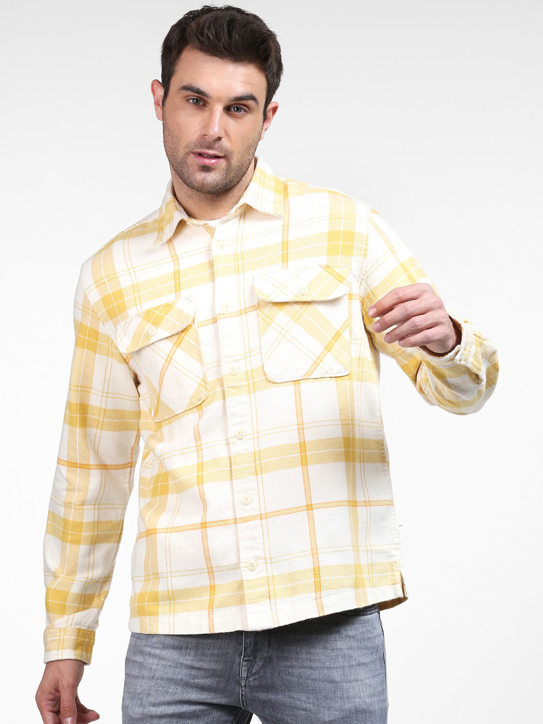 

SELECTED Men Yellow & White Printed Organic Cotton Casual Shirt