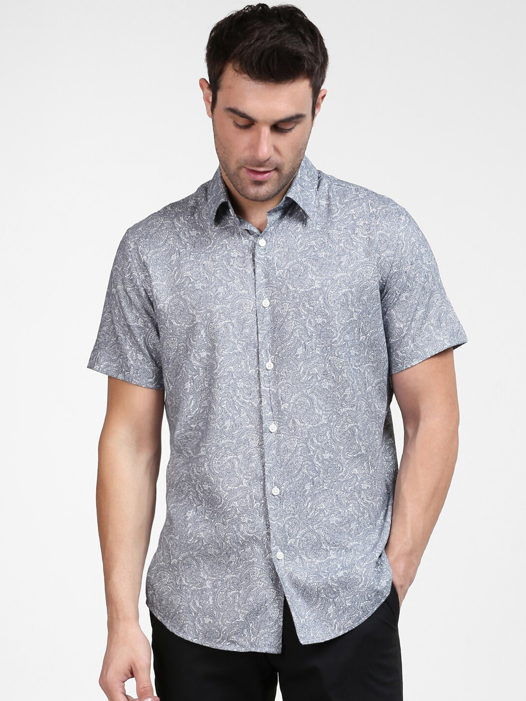 

SELECTED Men Grey Slim Fit Floral Printed Organic Cotton Casual Shirt