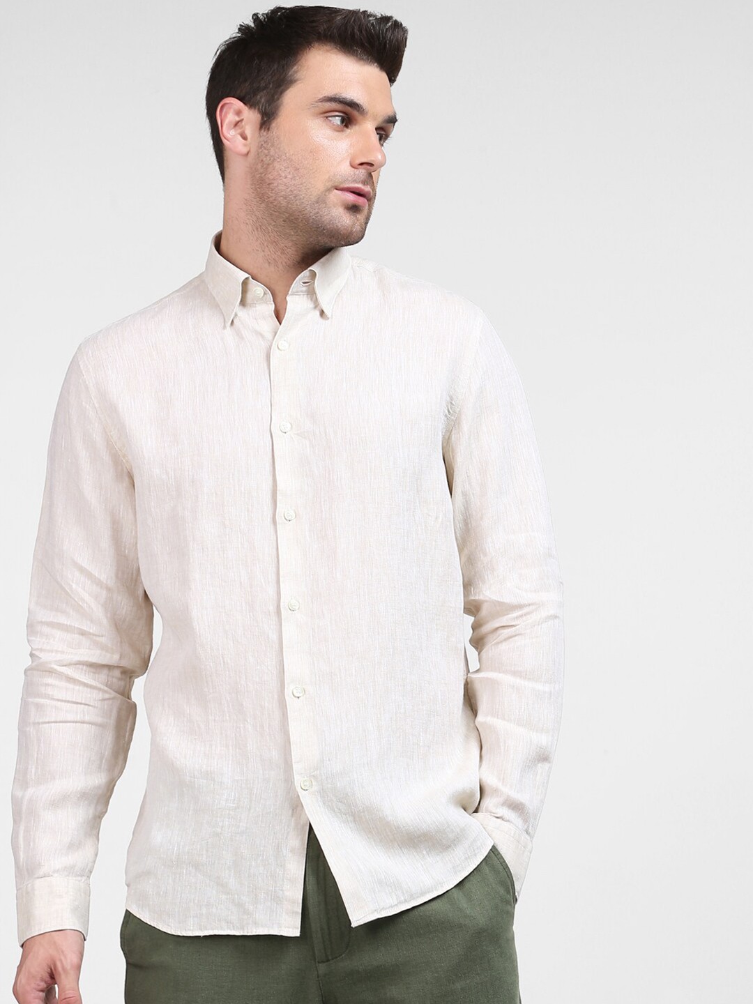 

SELECTED Men Beige Linen Casual Shirt