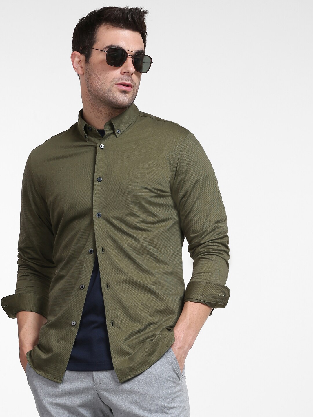 

SELECTED Men Olive Green Slim Fit Textured Organic Cotton Casual Shirt