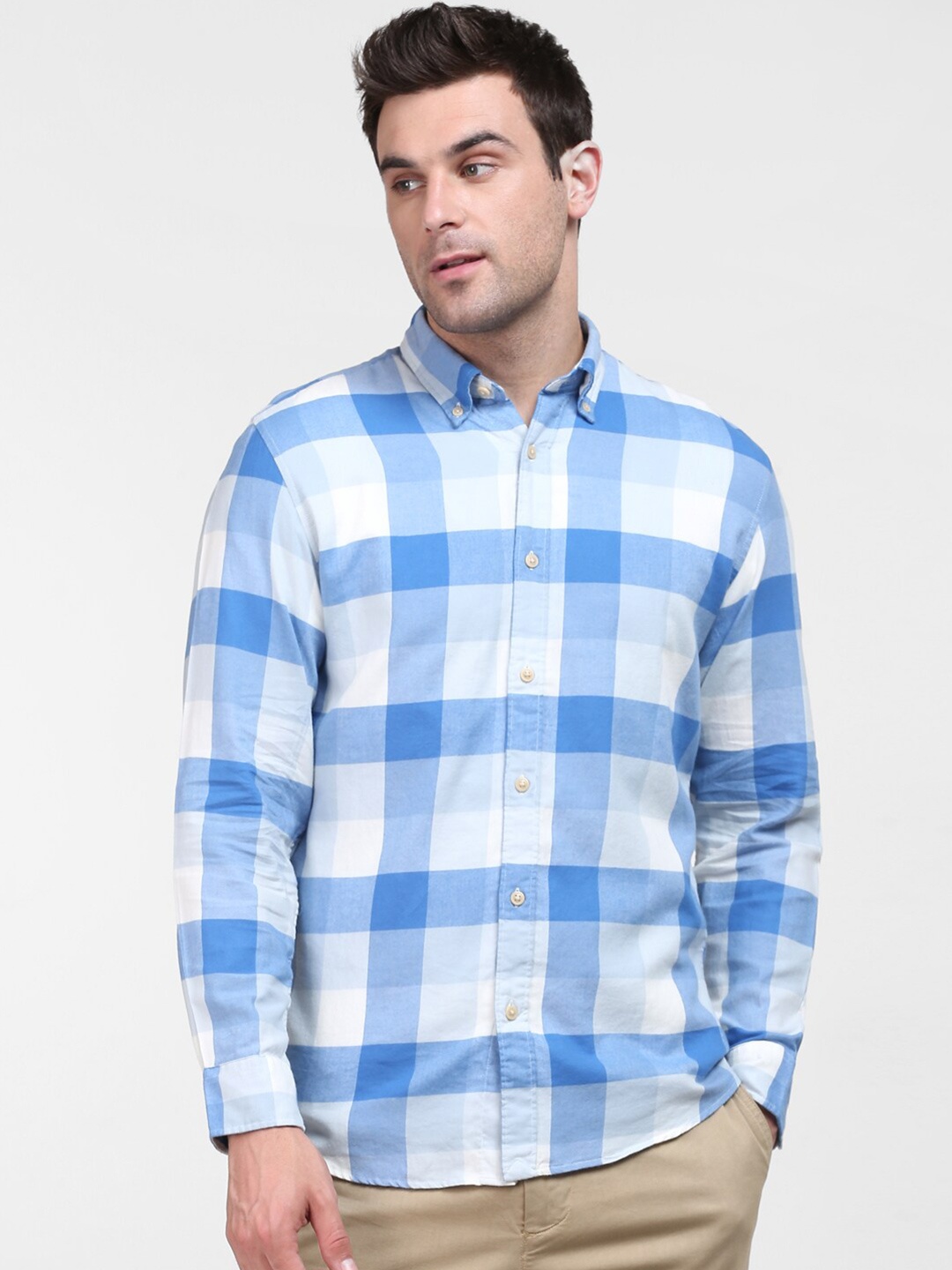 

SELECTED Men Blue Slim Fit Gingham Checks Checked Cotton Casual Shirt