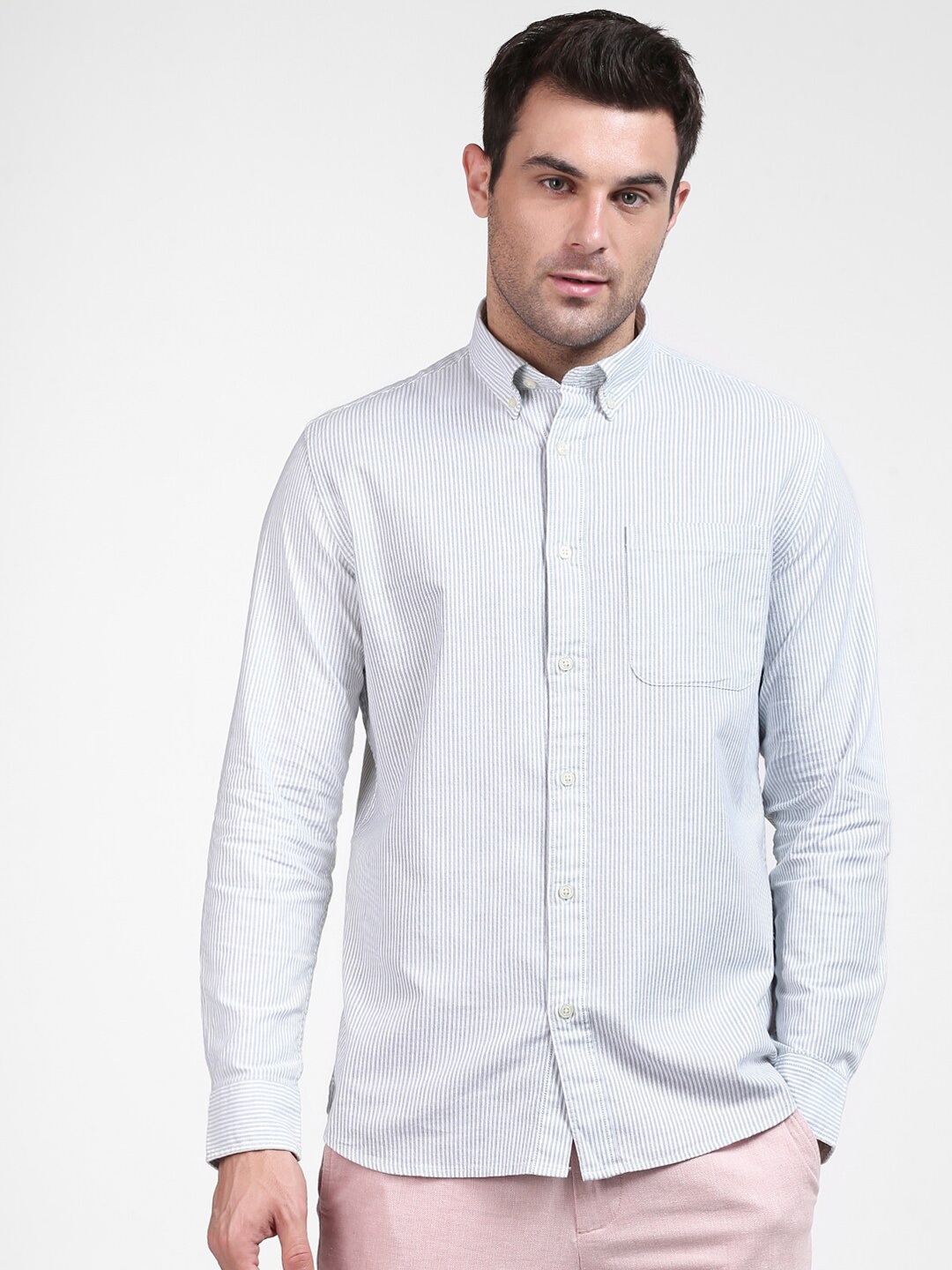 

SELECTED Men Grey Striped Organic Cotton Casual Shirt