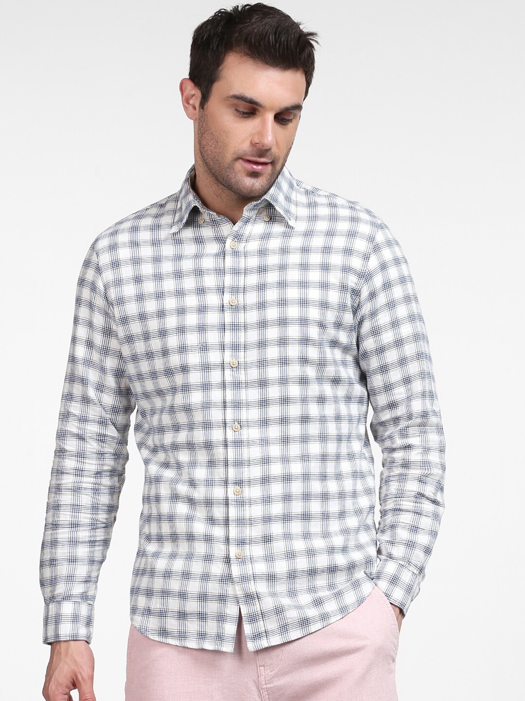 

SELECTED Men White Slim Fit Checked Casual Shirt
