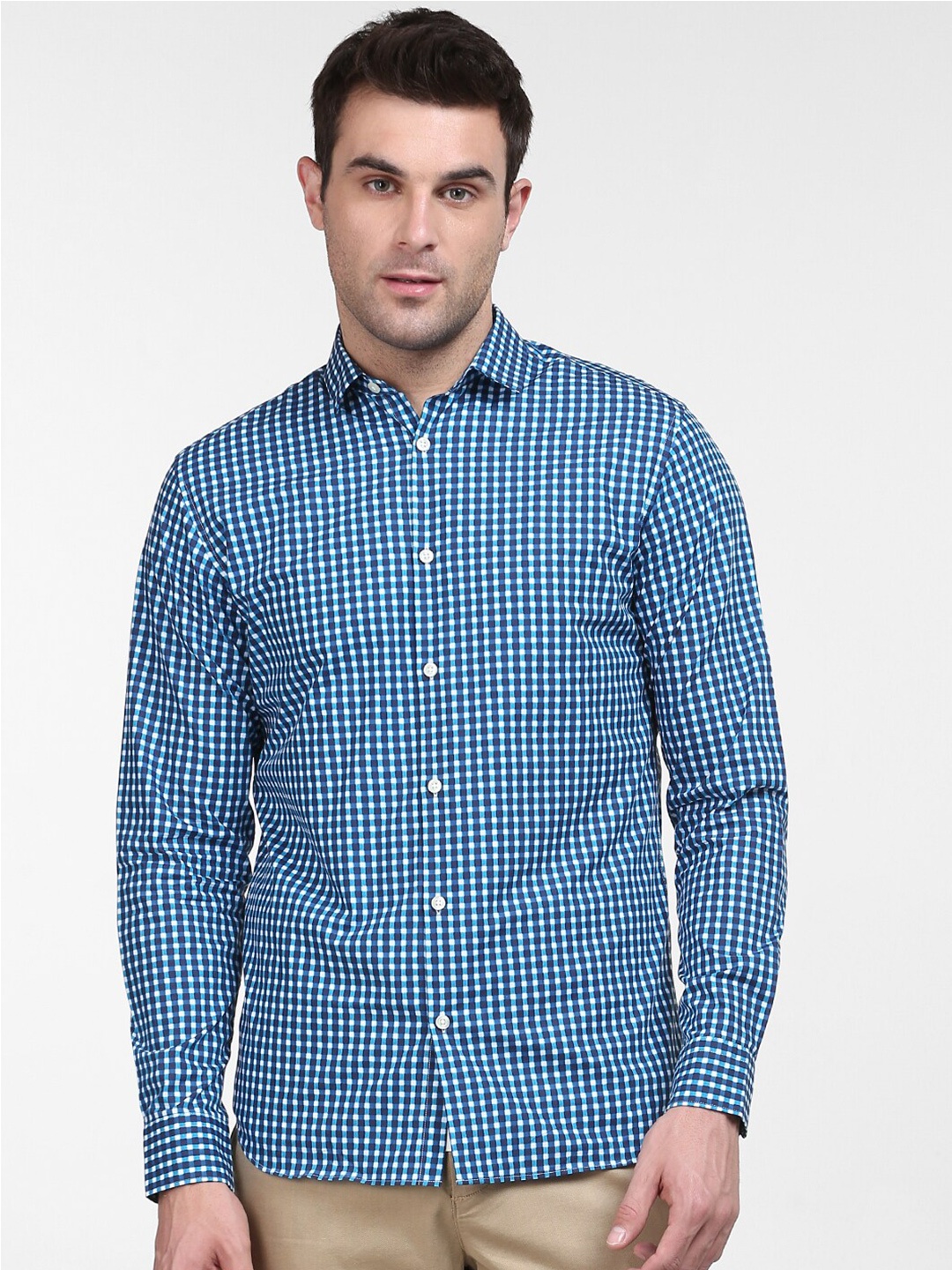 

SELECTED Men Blue Slim Fit Gingham Checked Cotton Casual Shirt