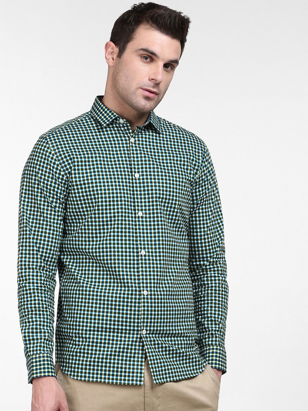 

SELECTED Men Blue & Green Slim Fit Checked Cotton Casual Shirt
