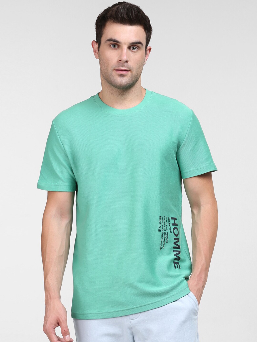 

SELECTED Men Green Typography Organic Cotton T-shirt