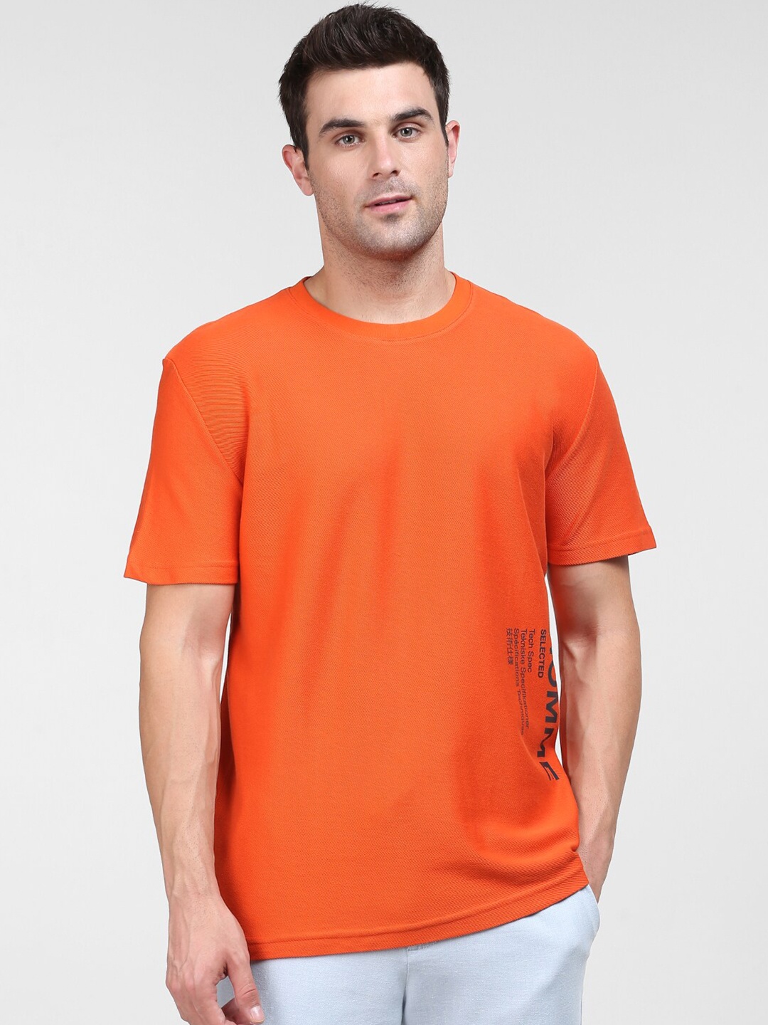 

SELECTED Men Orange Typography Placement Printed Relaxed Fit Organic Cotton T-shirt