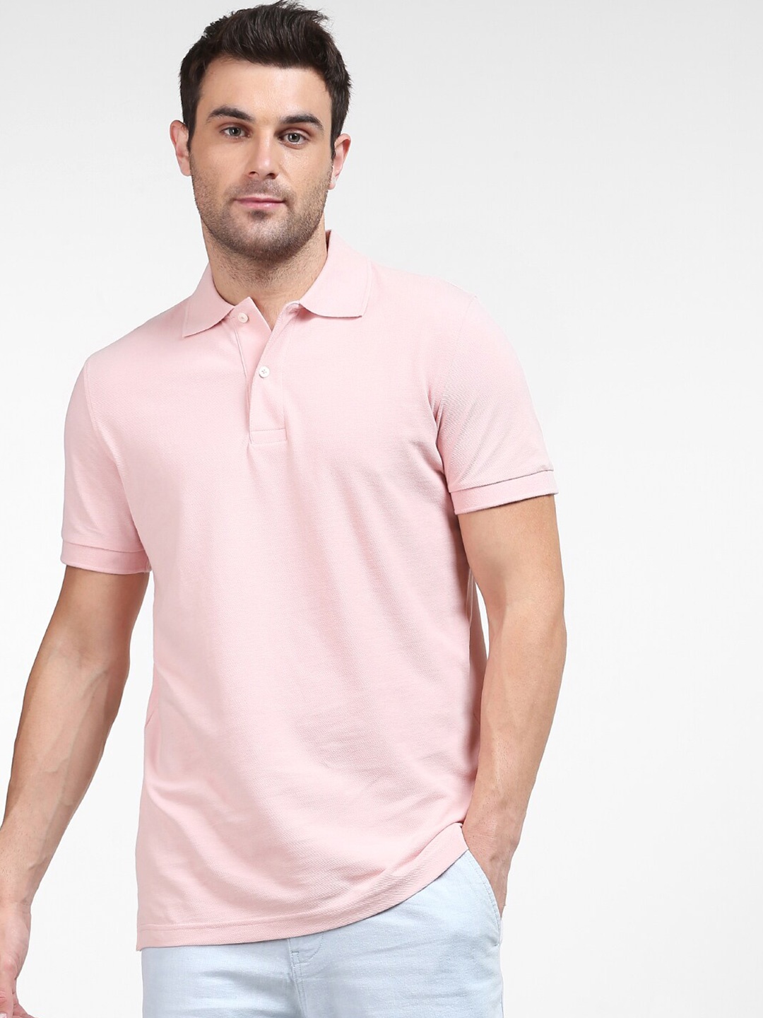 

SELECTED Men Pink Striped Polo Collar Organic Cotton T-shirt