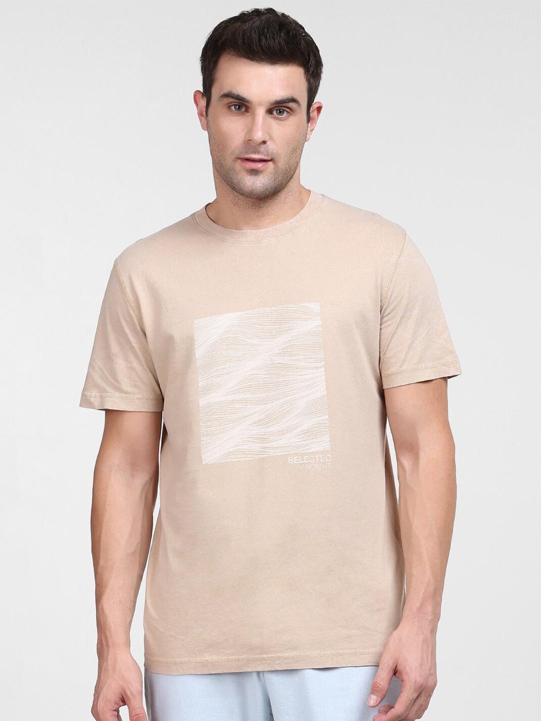 

SELECTED Men Brown Printed Regular Fit Organic Cotton T-shirt