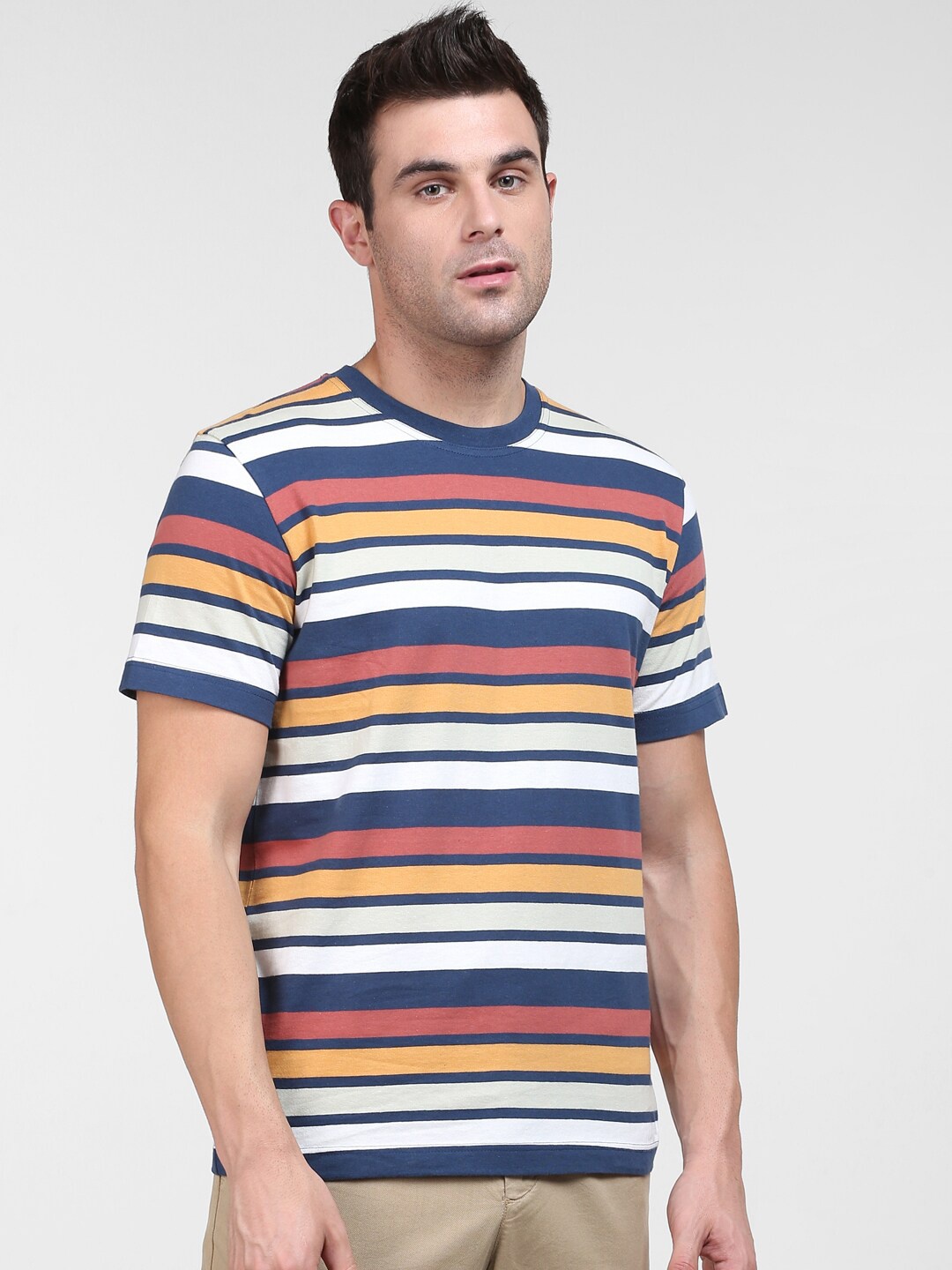 

SELECTED Men Blue Striped Organic Cotton T-shirt