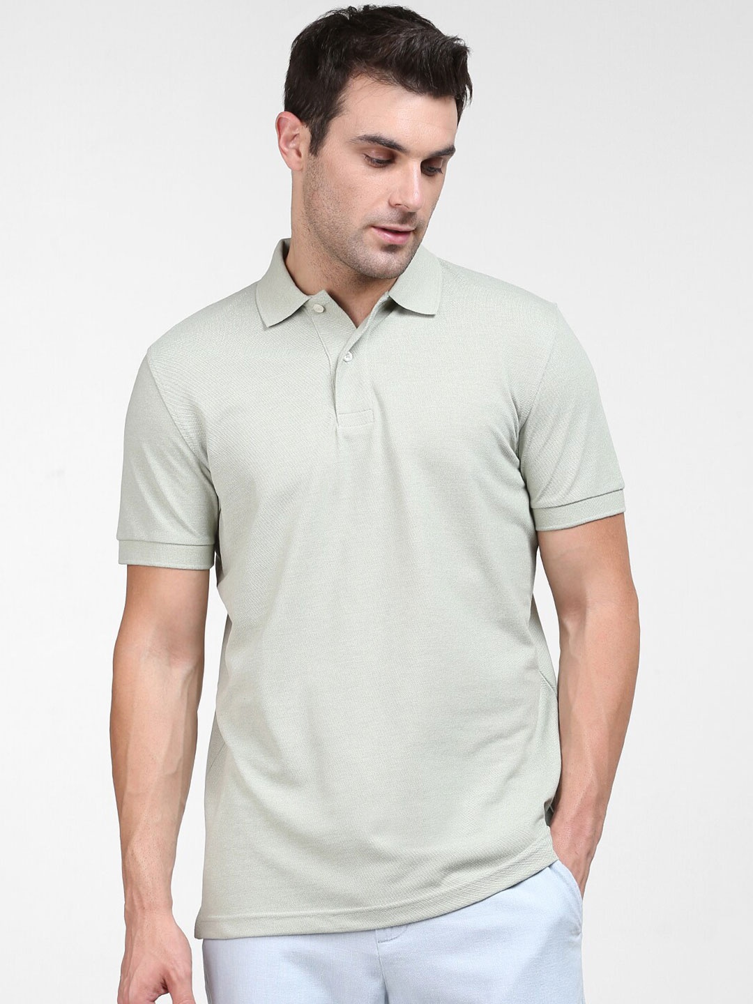 

SELECTED Men Grey Polo Collar Organic Cotton T-shirt