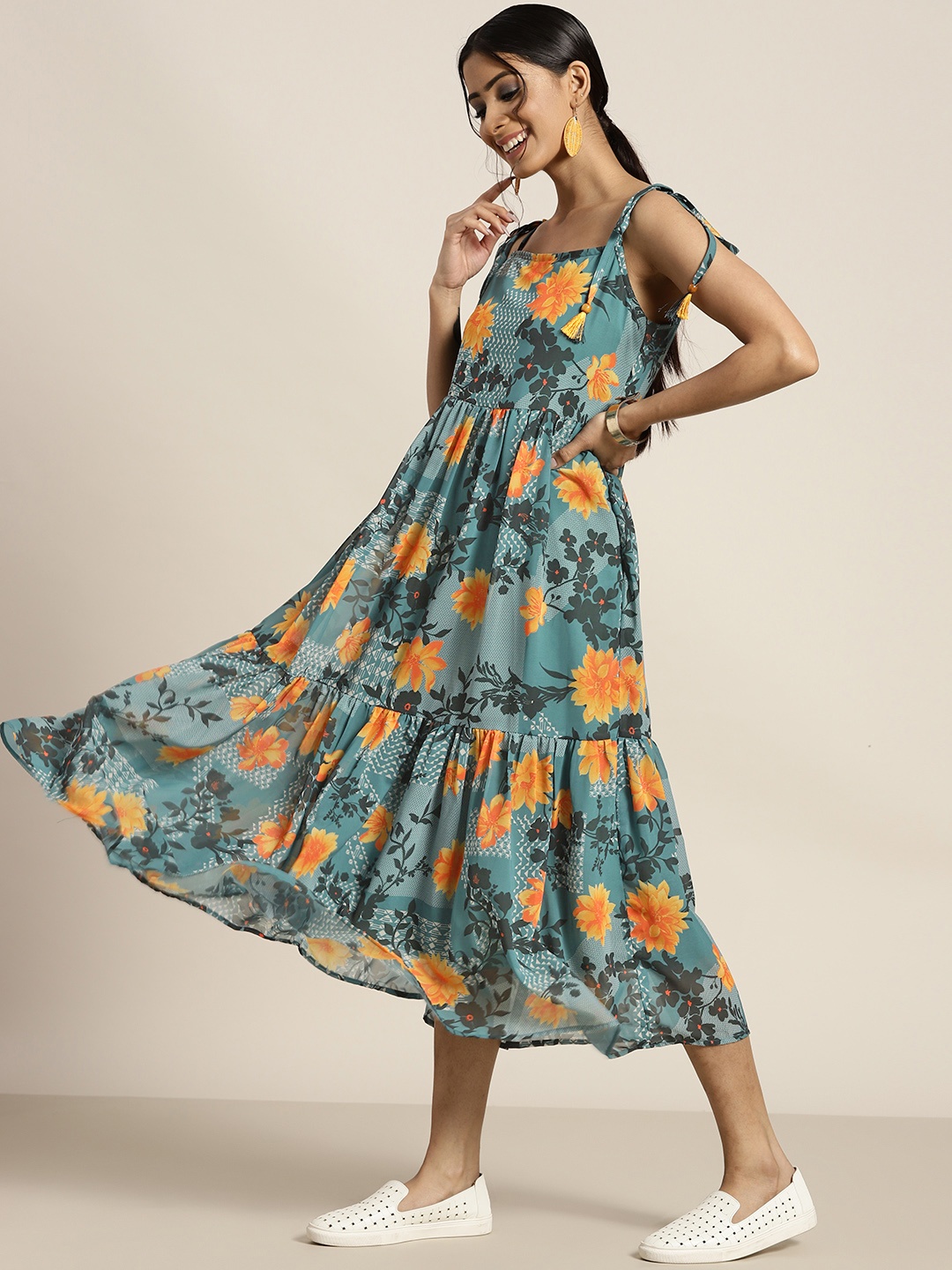 

Sangria Sea Green & Mustard Yellow Floral Georgette Ethnic A-Line Midi Dress