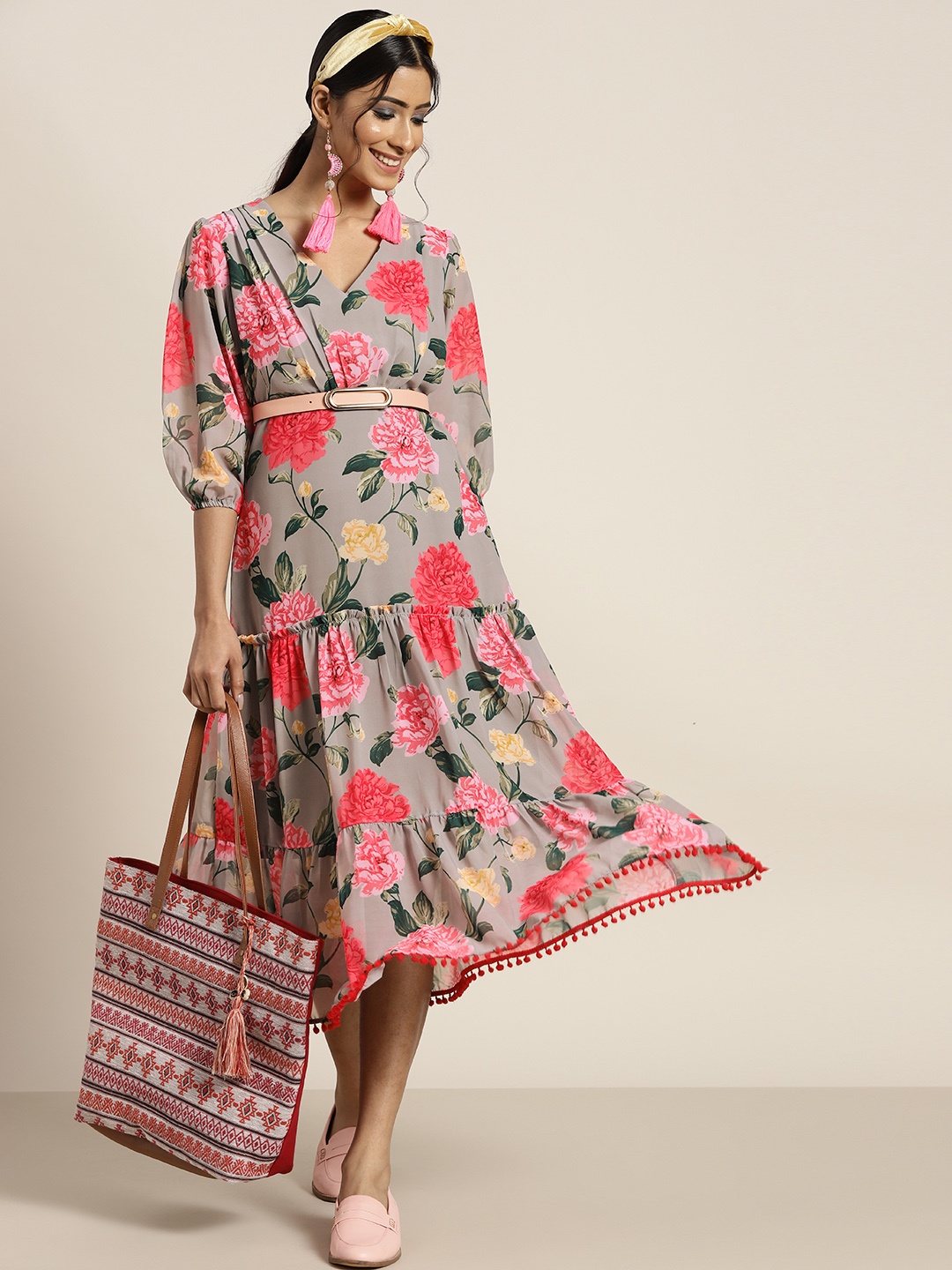 

Sangria Grey & Pink Floral Georgette A-Line Midi Dress
