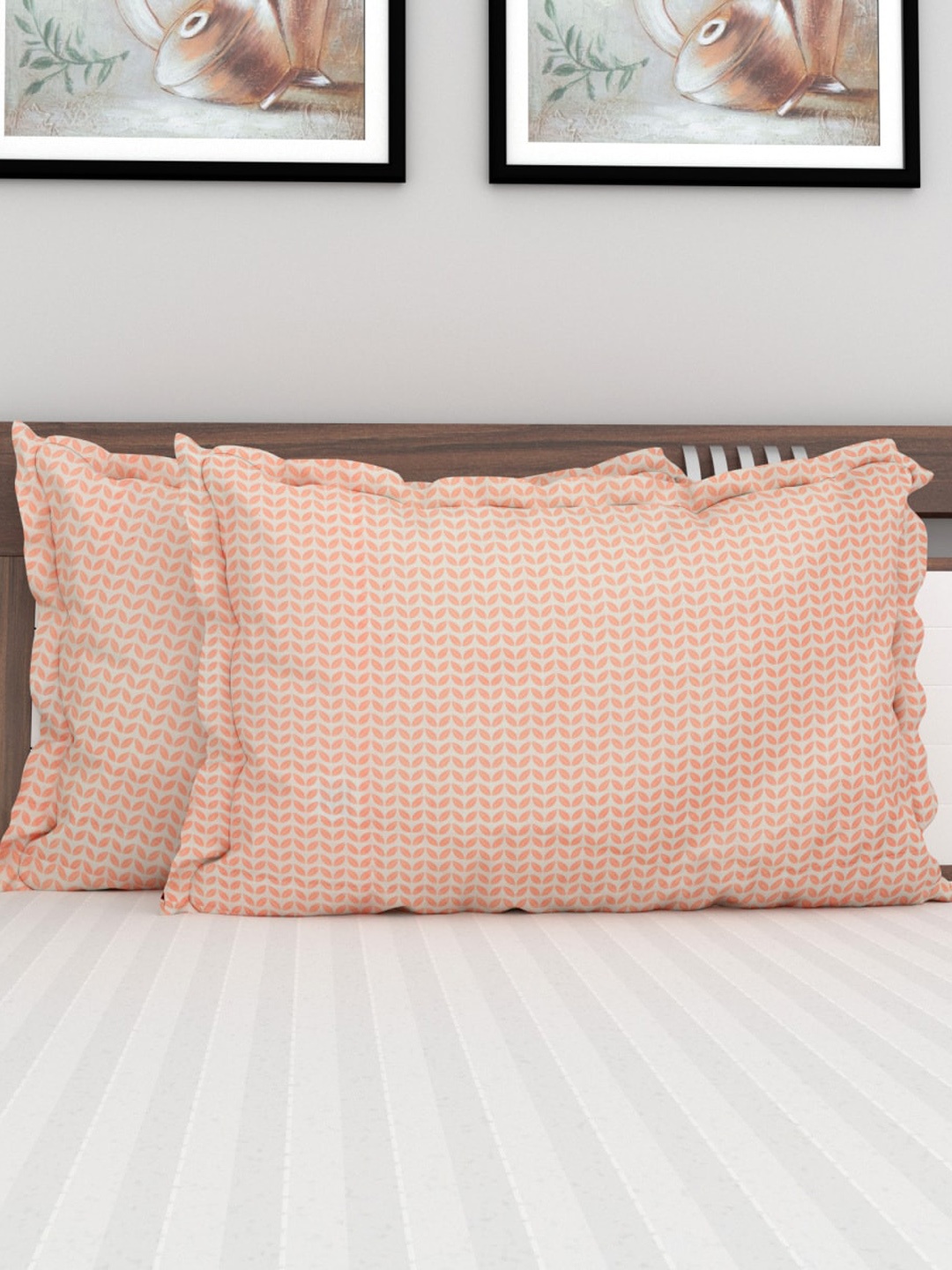 

Home Centre Set Of 2 Peach-Colored & White Printed Cotton Pillow Covers