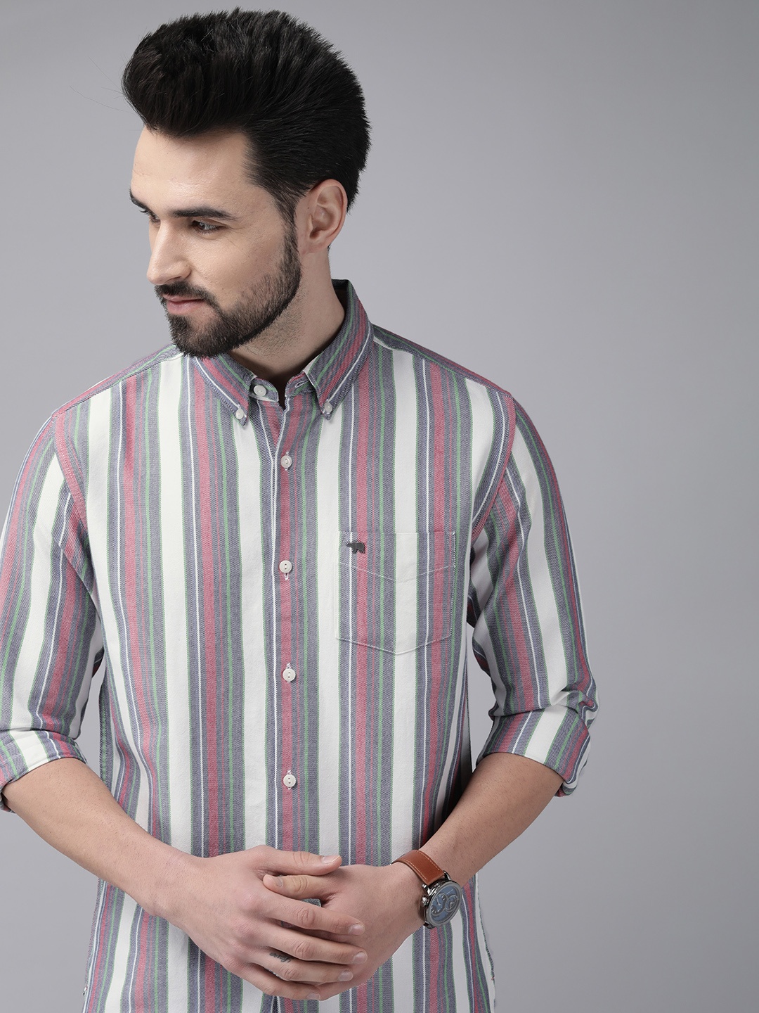 

THE BEAR HOUSE Men Blue & Pink Pure Cotton Slim Fit Striped Casual Shirt