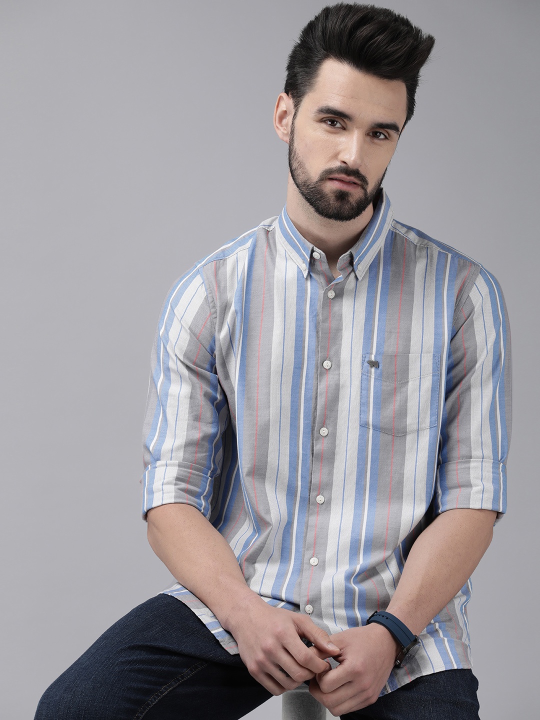

THE BEAR HOUSE Men Grey & Blue Pure Cotton Slim Fit Striped Casual Shirt