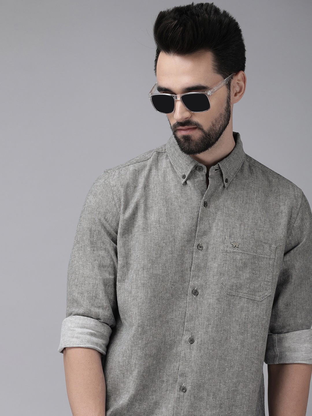 

THE BEAR HOUSE Men Grey Pure Cotton Slim Fit Casual Shirt