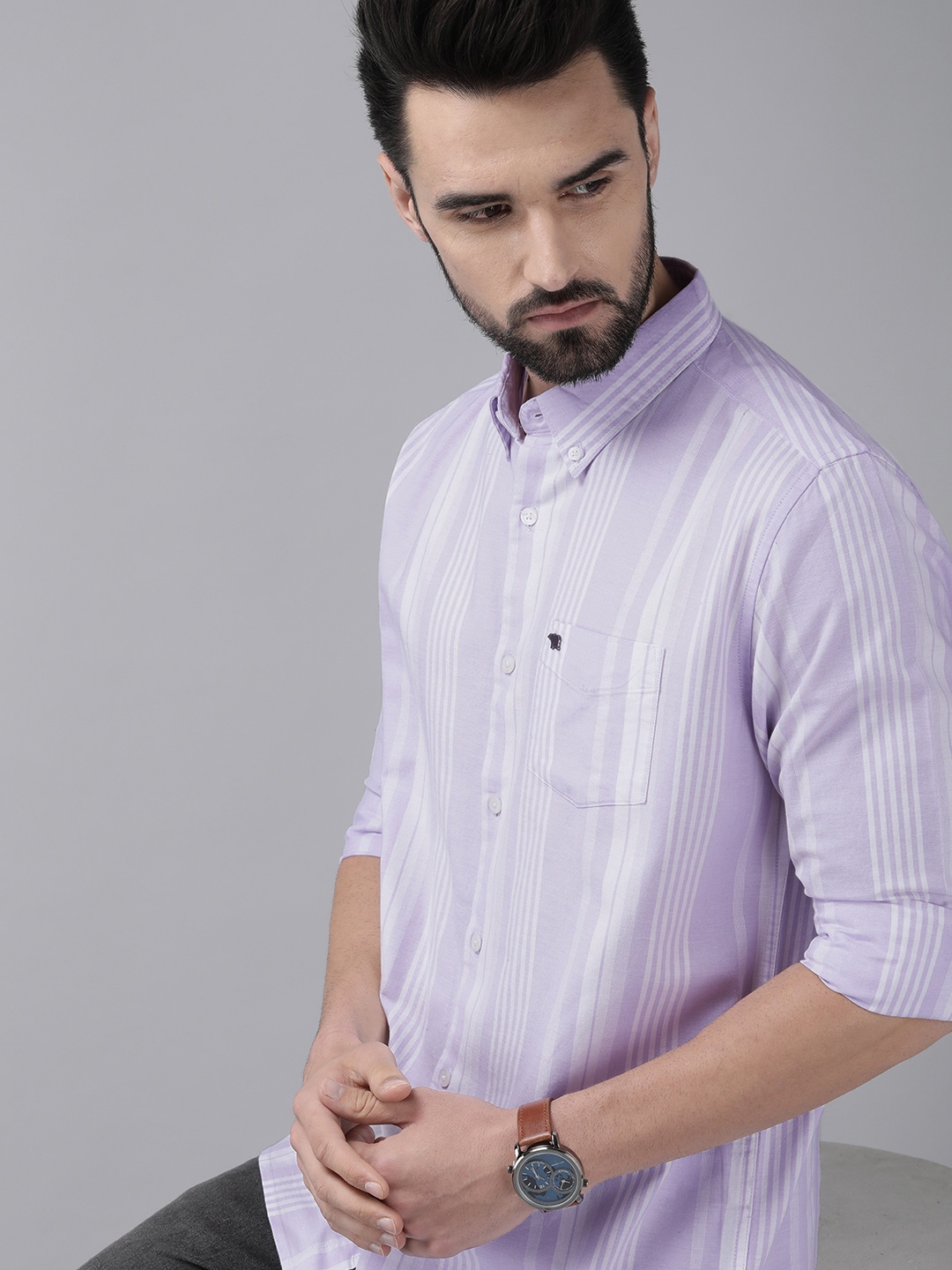 

THE BEAR HOUSE Men Purple & White Pure Cotton Slim Fit Striped Casual Shirt
