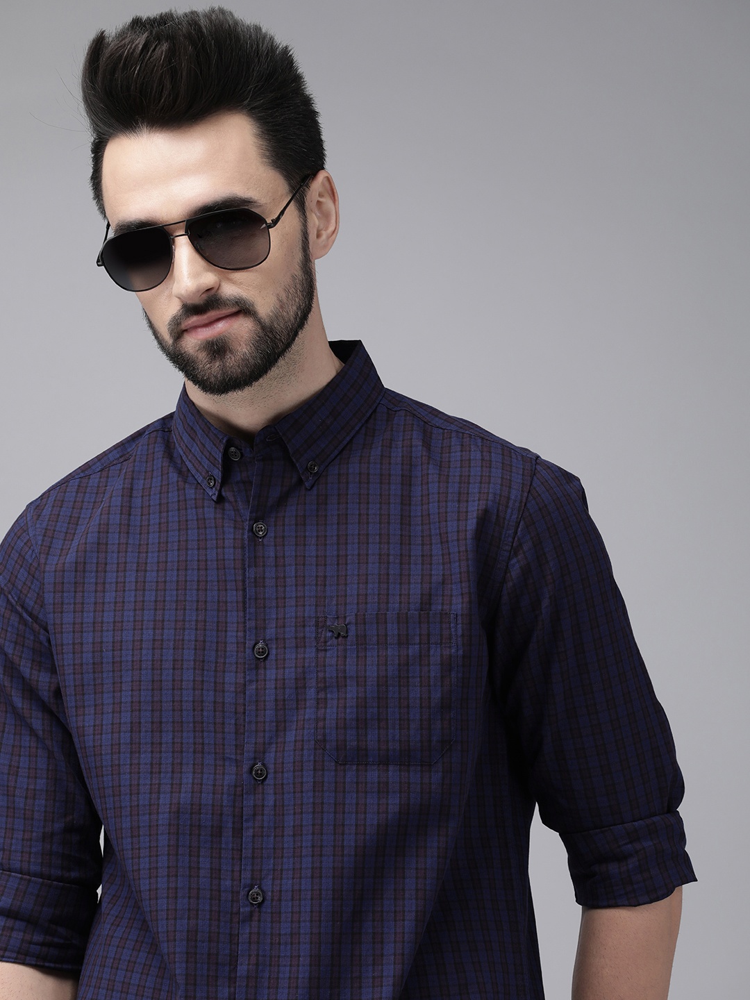 

THE BEAR HOUSE Men Blue & Black Pure Cotton Slim Fit Tartan Checks Casual Shirt