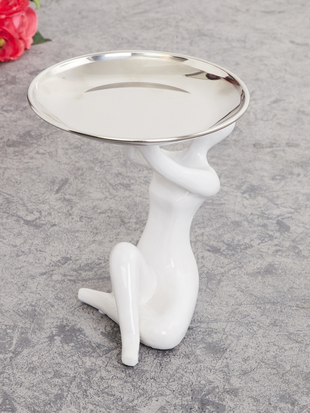 

Home Centre White & Silver-Toned Solid Ceramic Lady Plate in Hand Showpiece