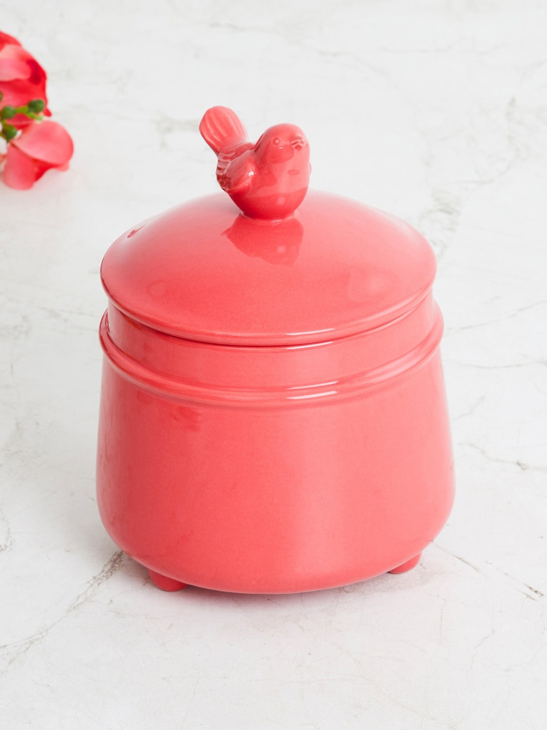 Home Centre Pink Solid Ceramic Decorative Jar With Bird Lid Showpiece