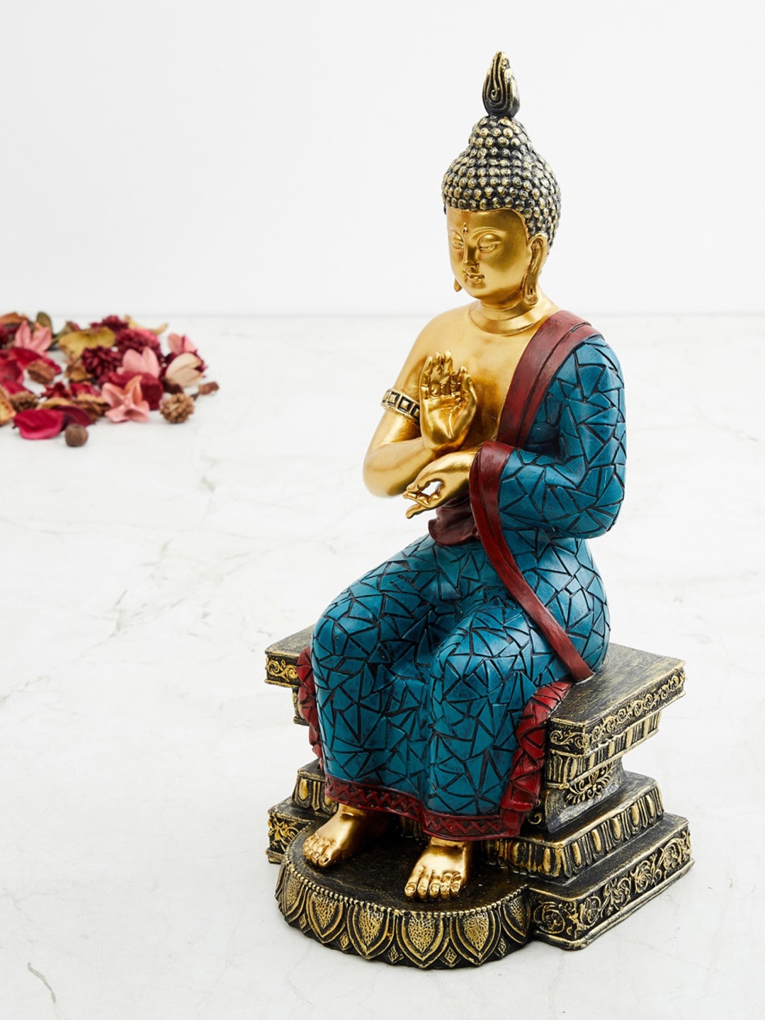 

Home Centre Blue & Gold-Toned Printed Polyresin Buddha On Chair Figurine Showpiece