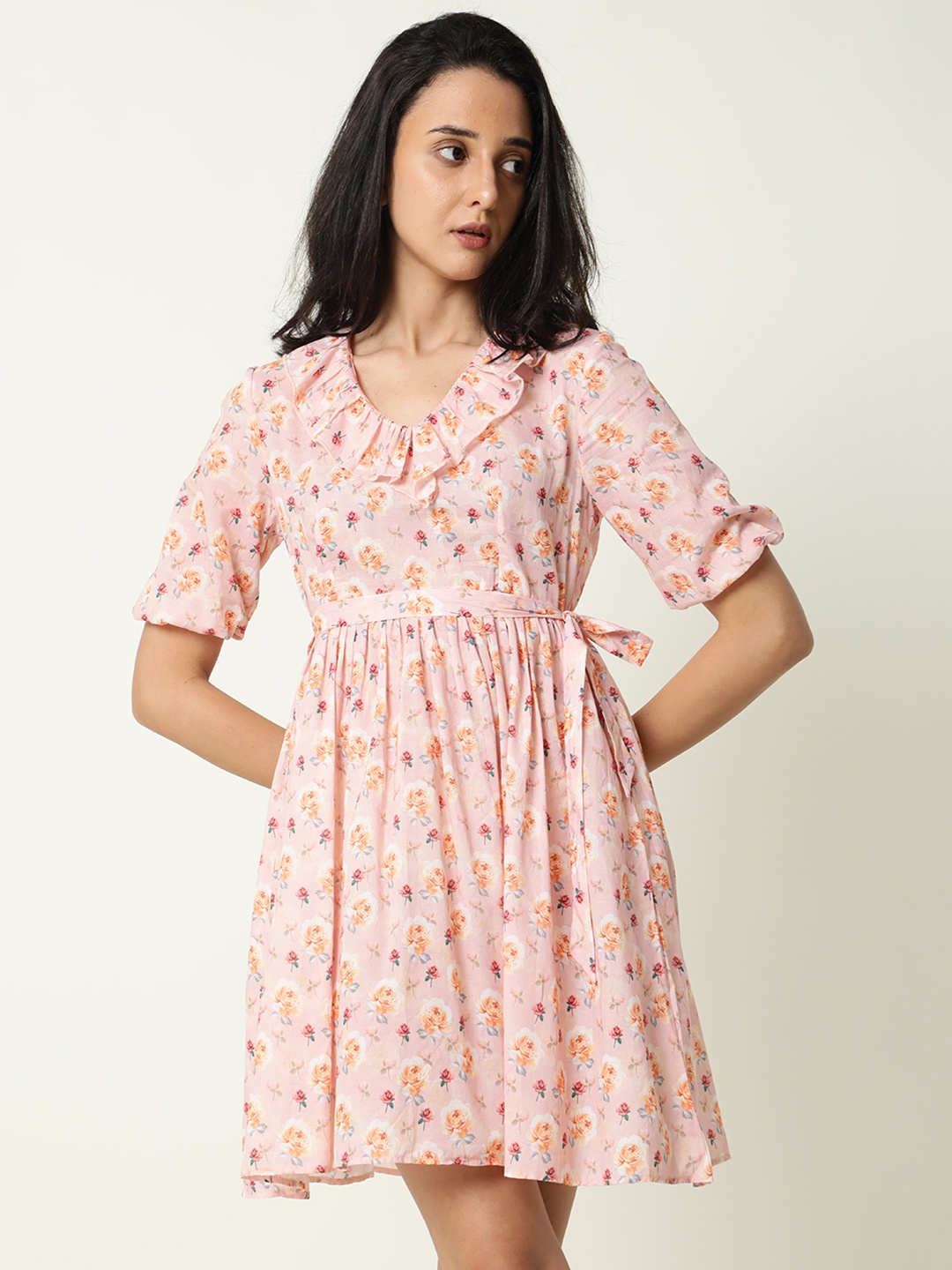 

RAREISM Peach Floral Printed Fit & Flared Dress