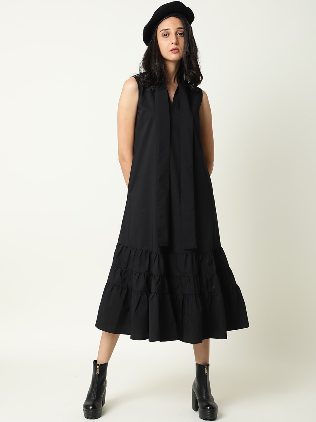 

RAREISM Black Tie-Up Neck A-Line Tiered Midi Dress
