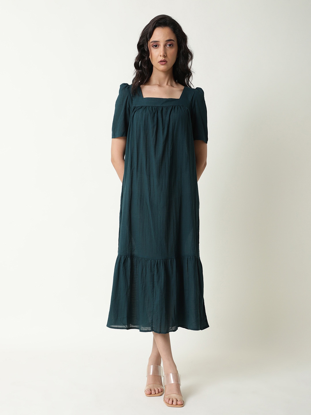 

RAREISM Women Green A-Line Cotton Midi Dress