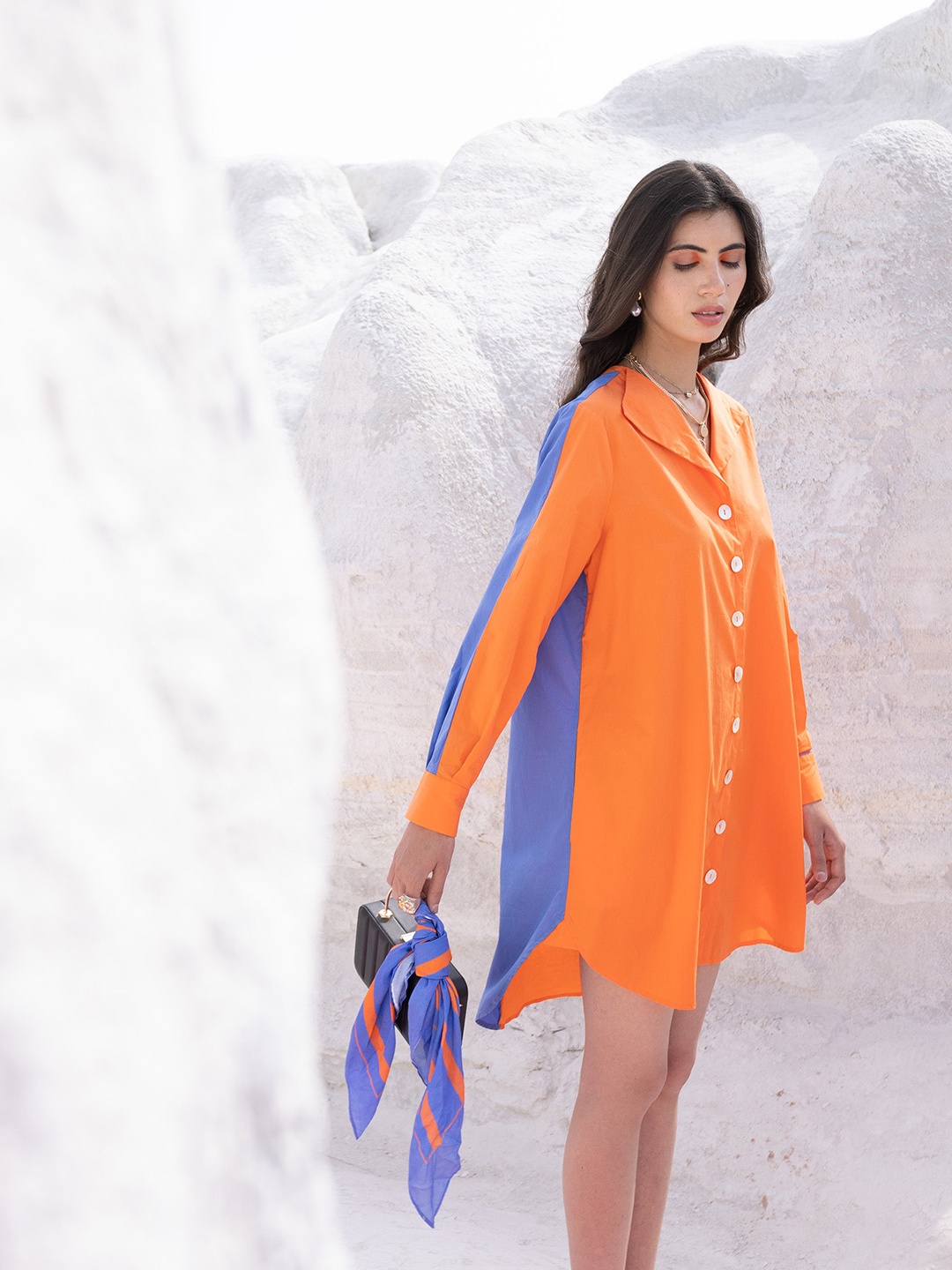 

RAREISM Orange & Blue Colourblocked Cotton High-Low Shirt Dress