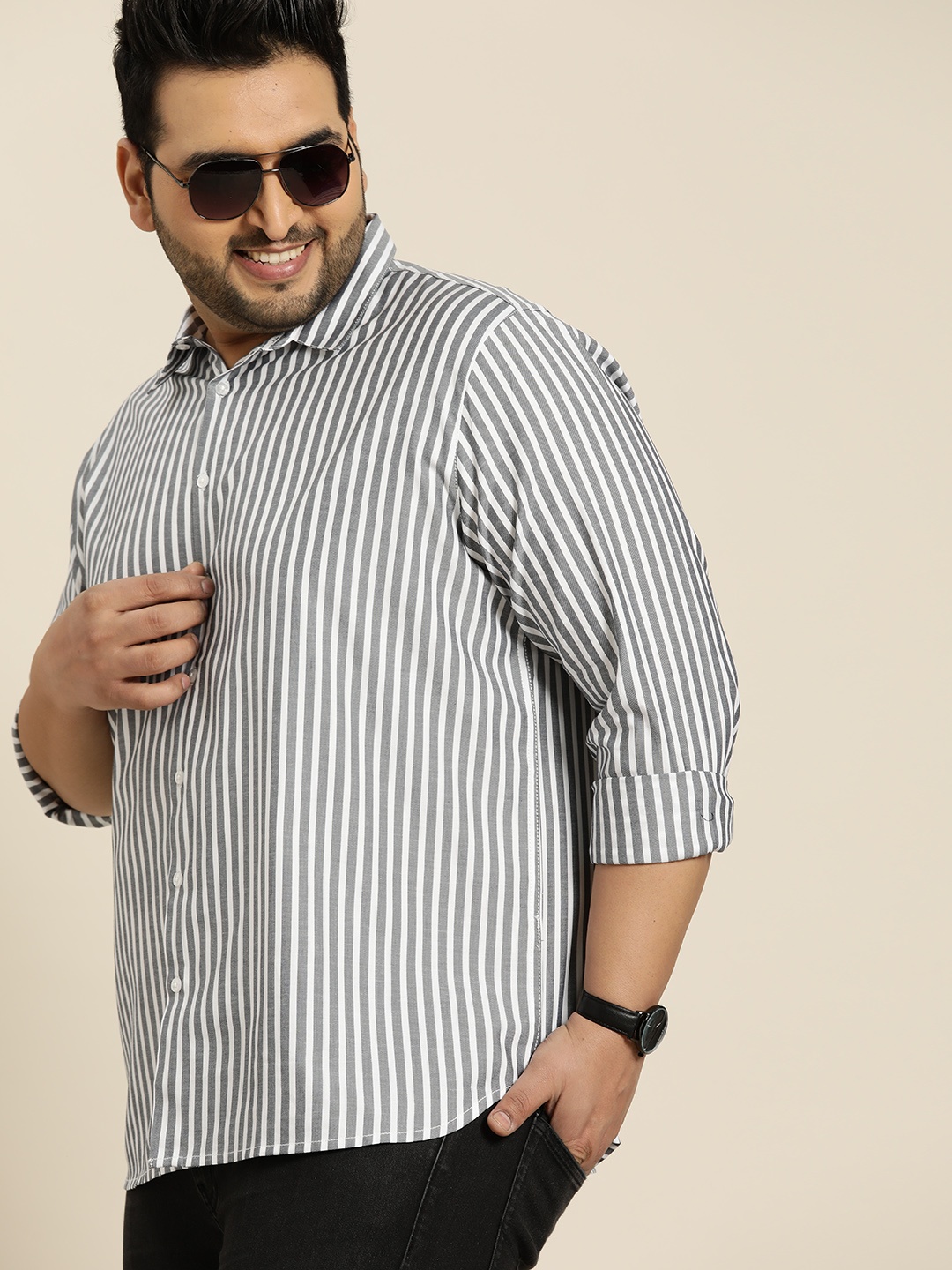 

Sztori Men Plus Size White & Black Pure Cotton Striped Casual Shirt
