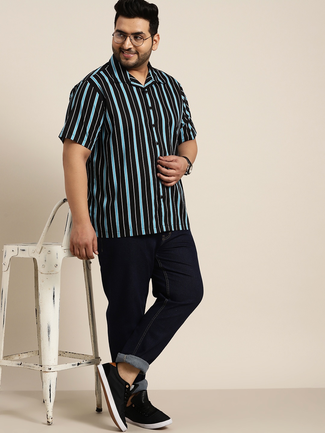 

Sztori Men Plus Size Black & Blue Striped Pure Cotton Casual Shirt