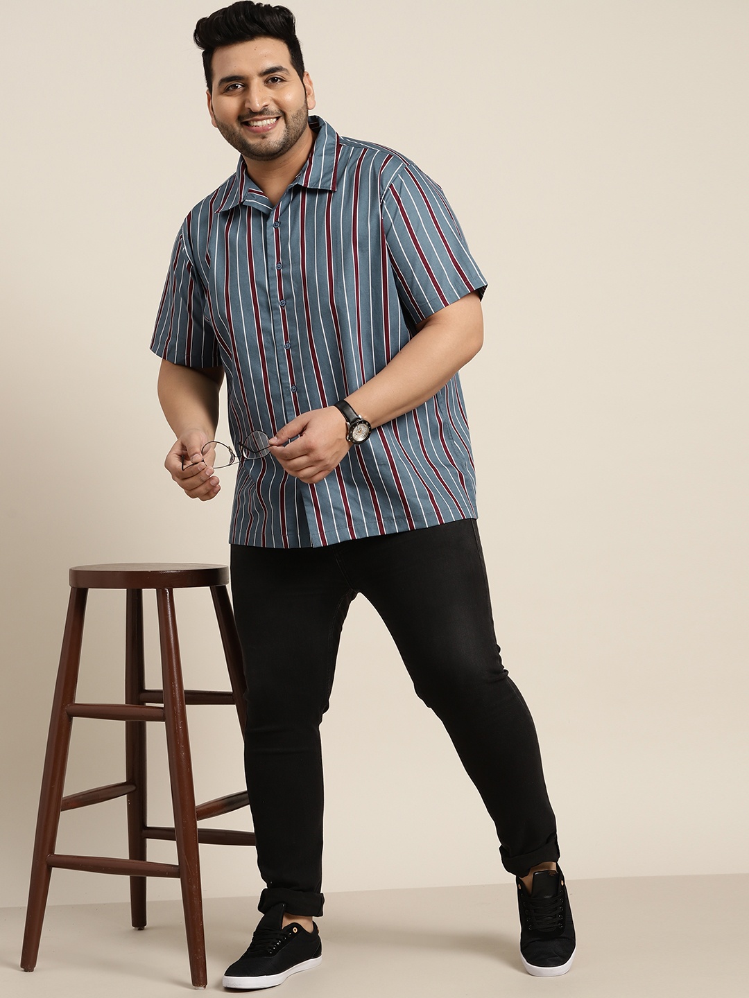 

Sztori Men Plus Size Blue & Burgundy Striped Pure Cotton Casual Shirt