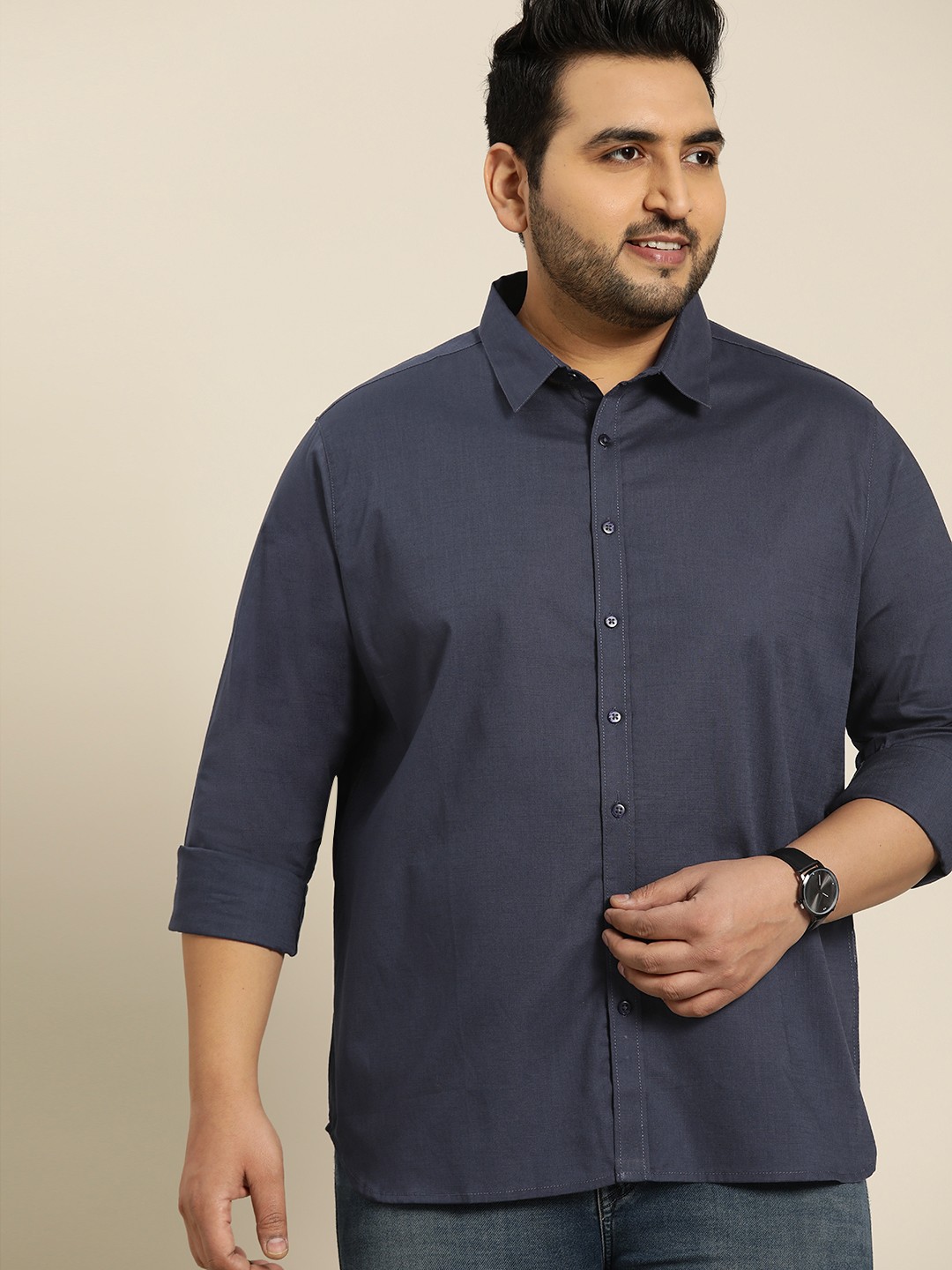 

Sztori Men Plus Size Navy Blue Pure Cotton Casual Shirt