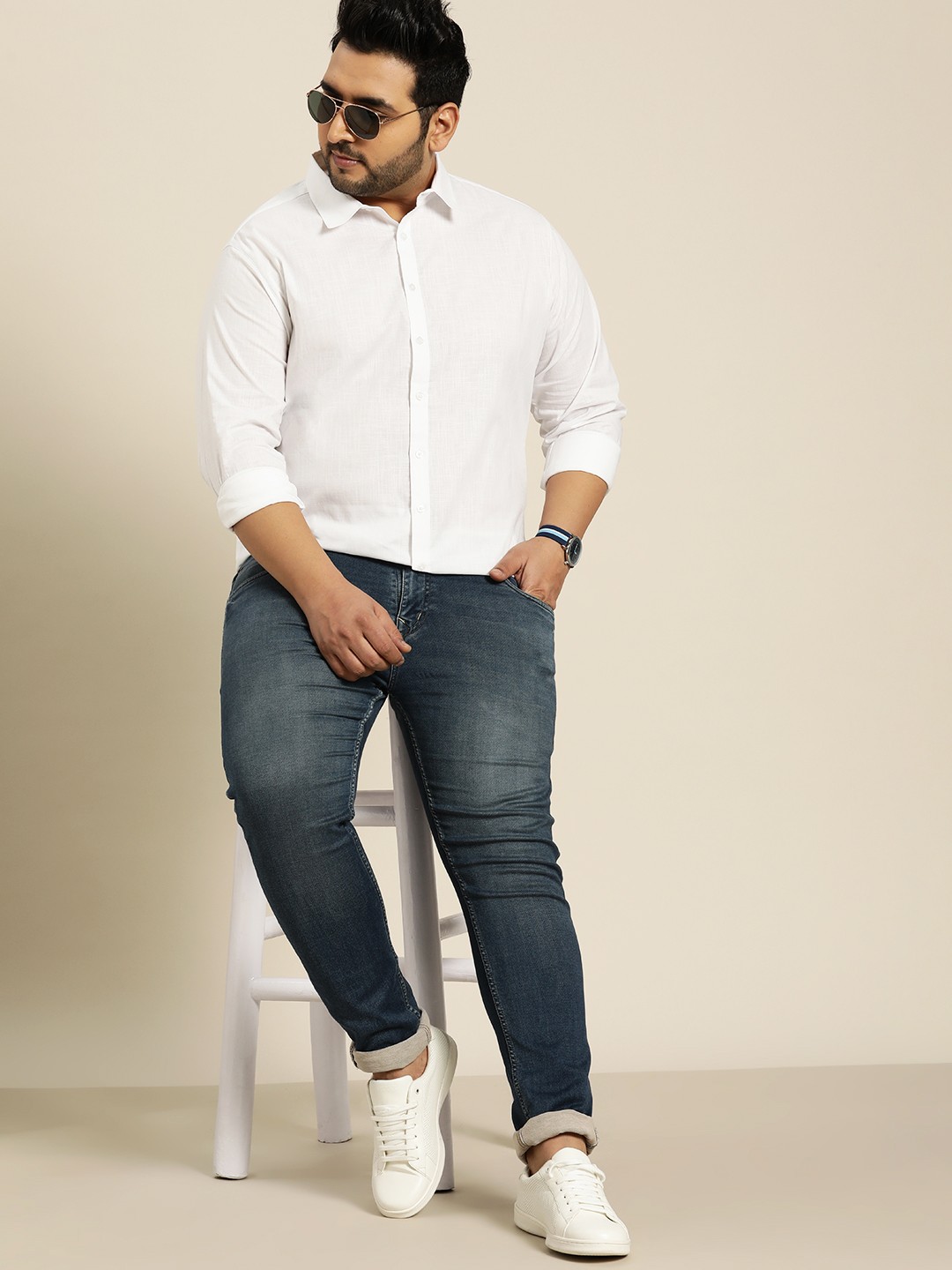 

Sztori Men Plus Size White Pure Cotton Solid Casual Shirt