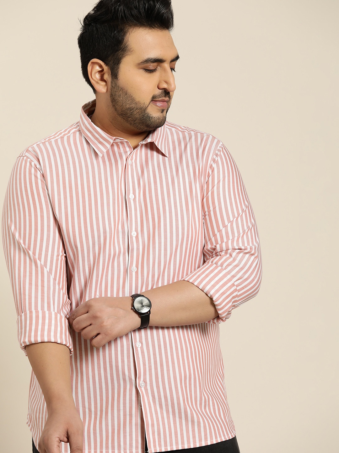 

Sztori Plus Size Men White & Red Pure Cotton Regular Fit Striped Casual Shirt