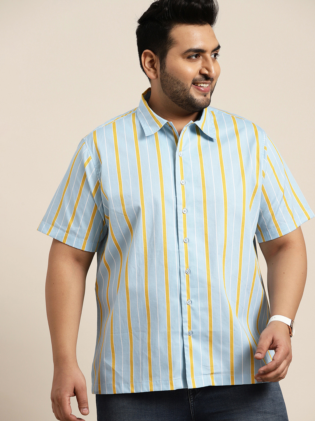 

Sztori Men Plus Size Blue & Yellow Striped Pure Cotton Casual Shirt