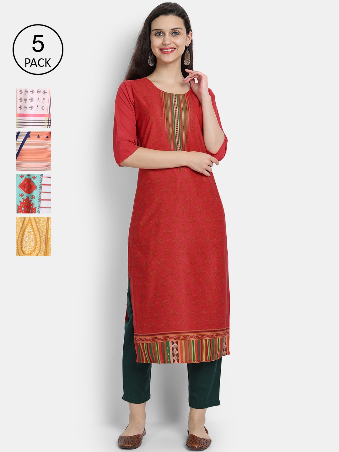 

Ethnic basket Women Pack Of 5 Ethnic Motifs Crepe Kurta, Maroon