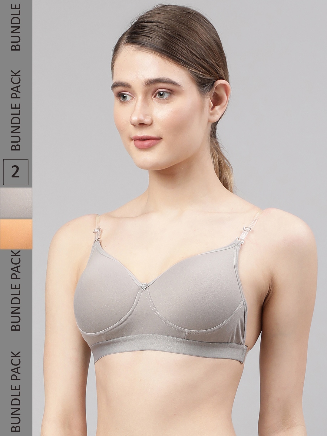 

PrettyCat Pack of 2 Transparent Back Strap Lightly Padded Bra PC-BR-6051-GRY-BEG-30B, Grey
