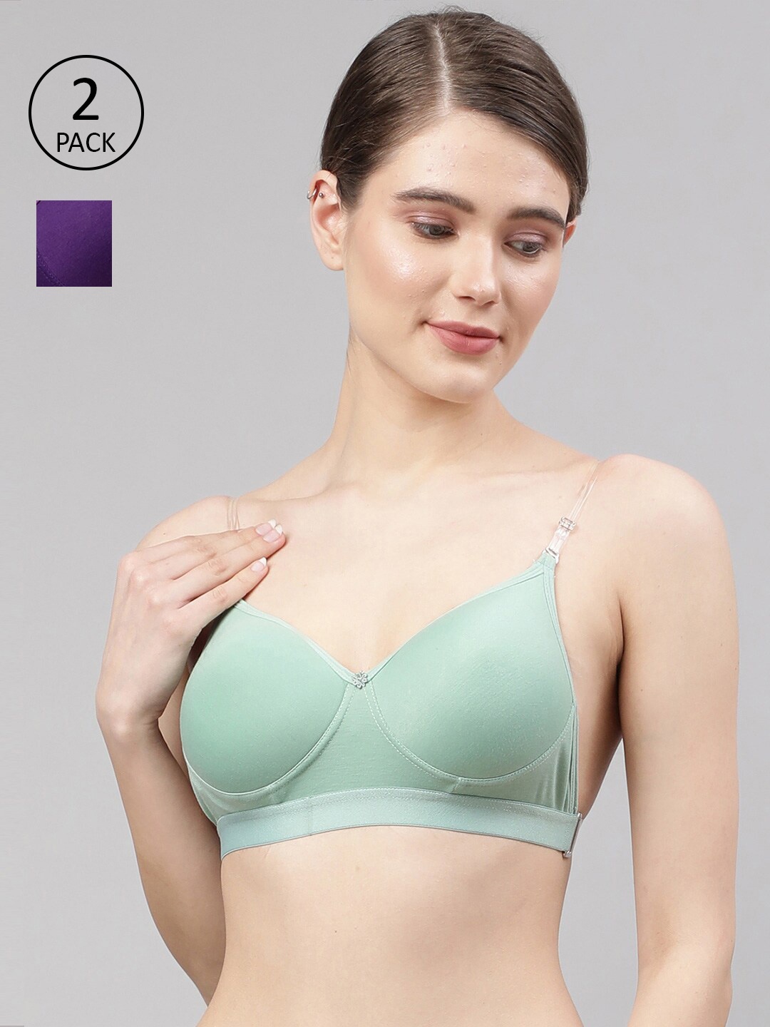 

PrettyCat Pack of 2 Cotton Bra Lightly Padded, Green