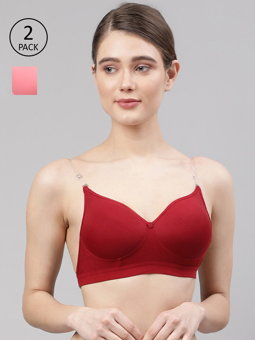 

PrettyCat Pack of 2 Lightly Padded T-Shirt Bras PC-BR-6051-MAH-PNK-30B, Maroon