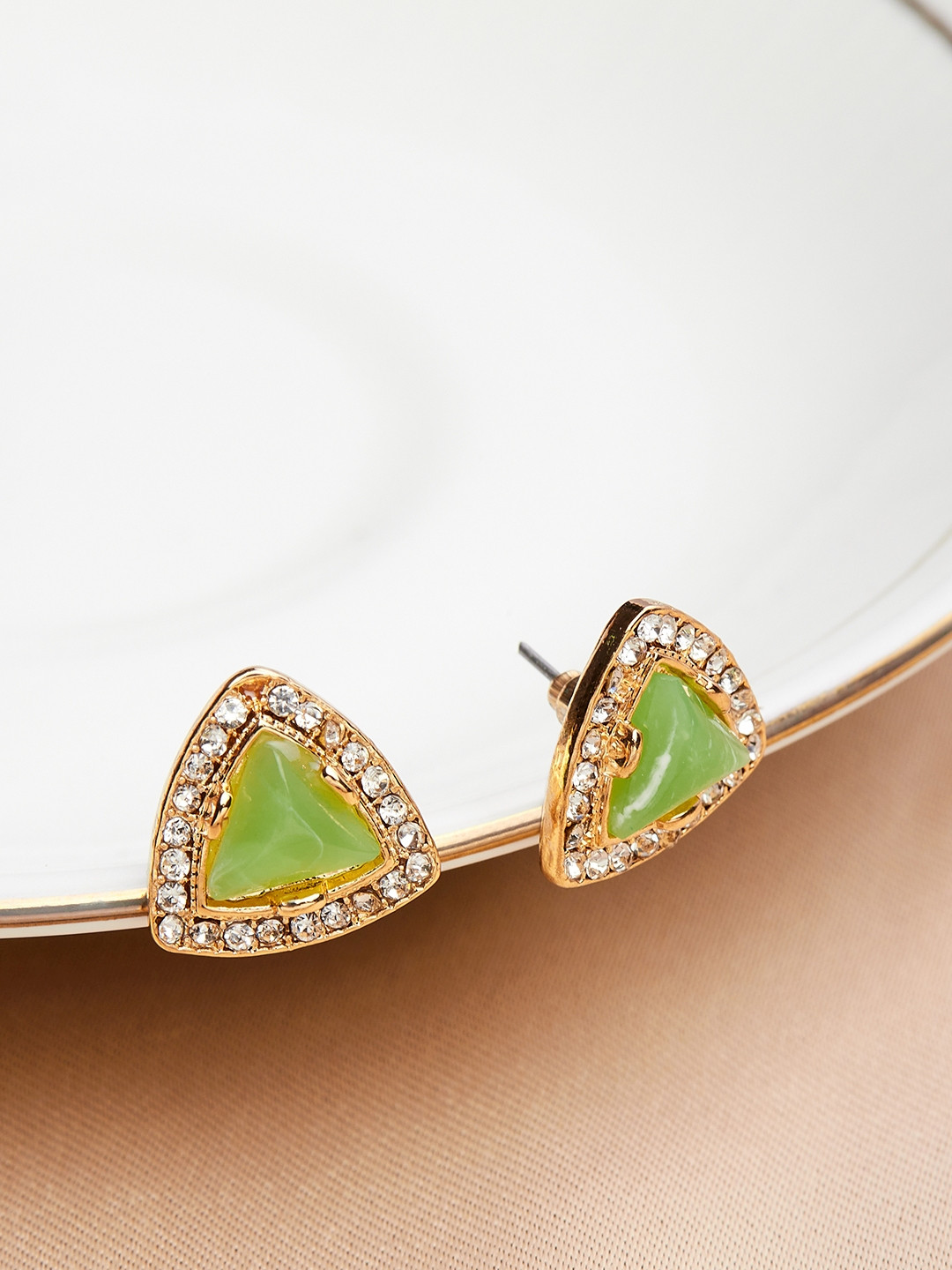 

Lilly & sparkle Gold-Toned & Green Crystal Studded Geometric Studs Earrings