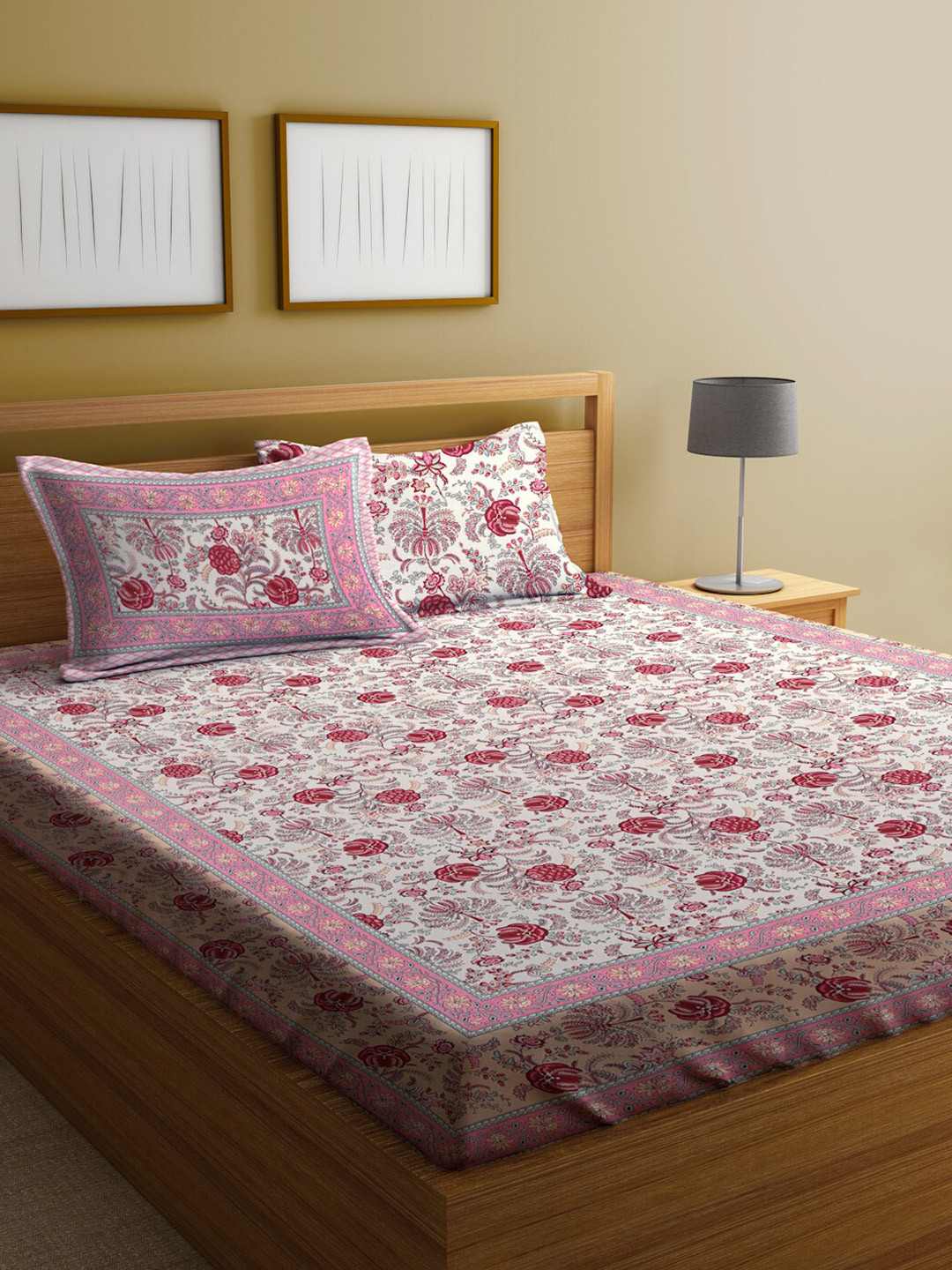

Rajasthan Decor White & Pink Ethnic Motifs 144 TC Queen Bedsheet with 2 Pillow Covers