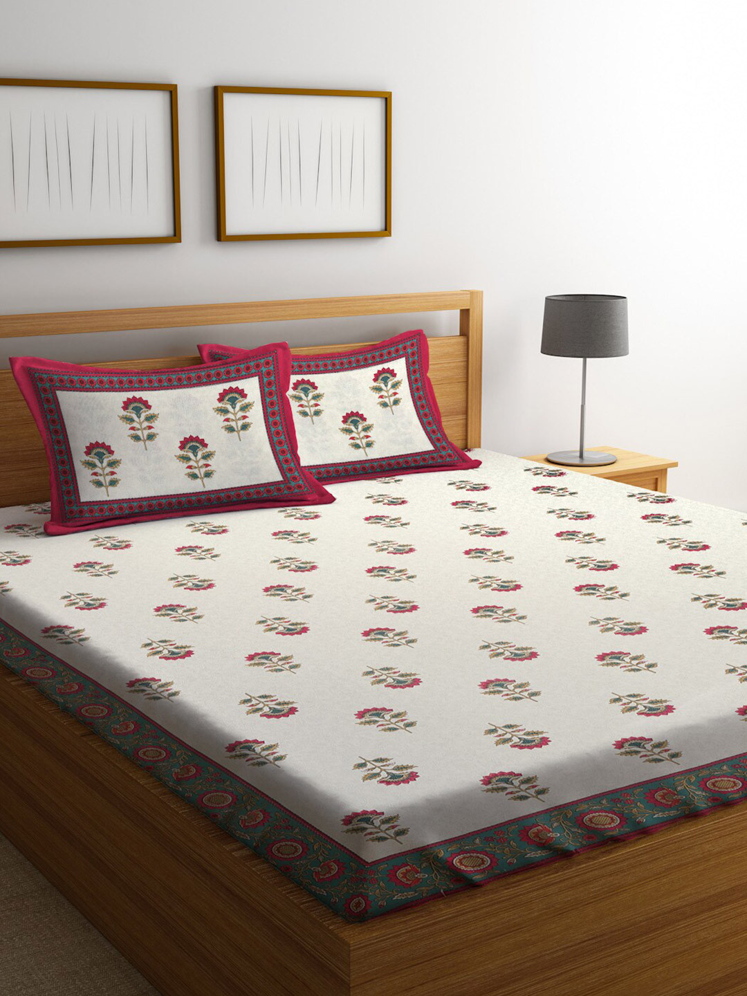 

Rajasthan Decor Off White Floral 144 TC Cotton 1 King Cotton Bedsheet With 2 Pillow Covers