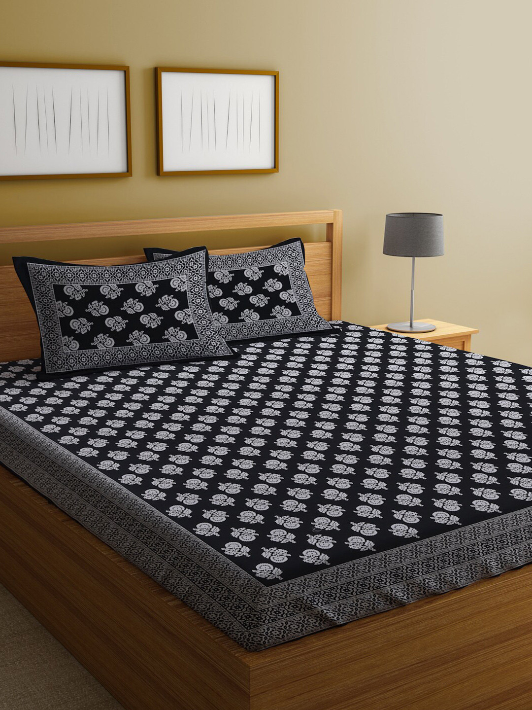 

Rajasthan Decor Black & White Ethnic Motifs 144 TC Queen Bedsheet with 2 Pillow Covers