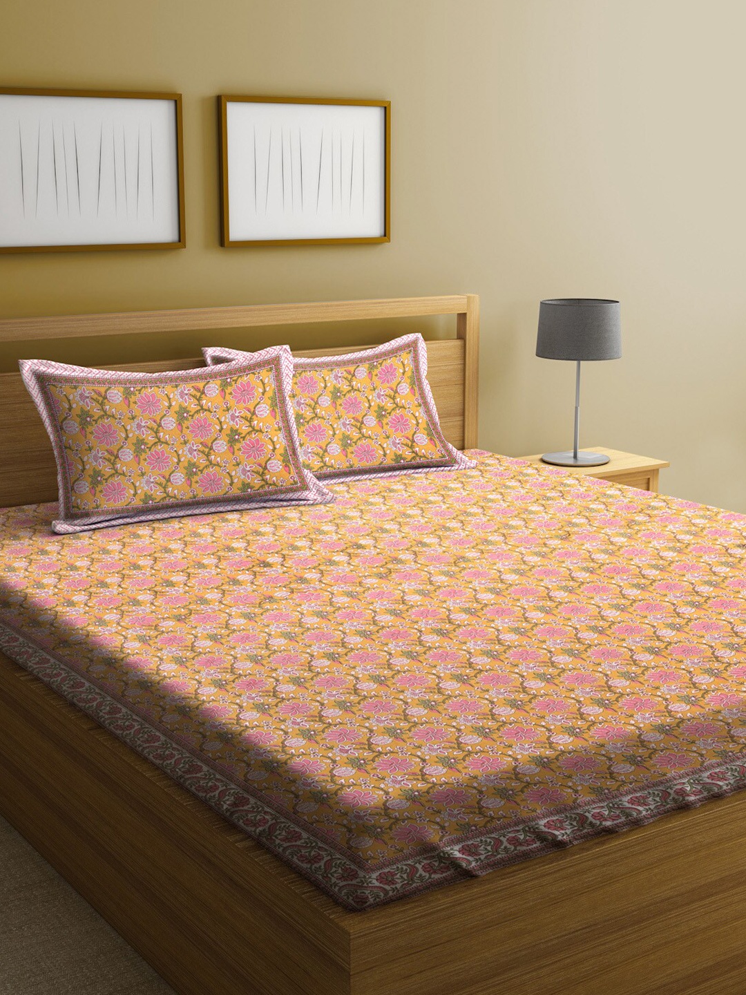 Rajasthan Decor Unisex Yellow & Pink Floral Print Double Bed sheet with 2 Pillow Covers